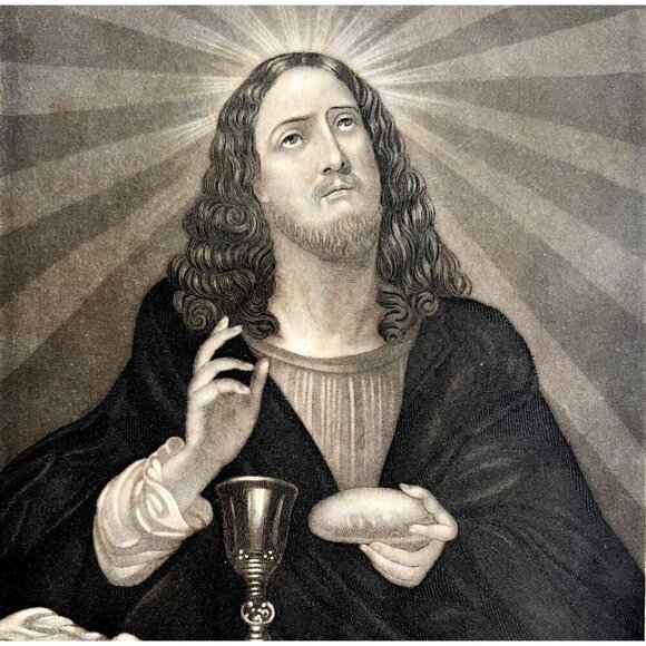 Our Savior Jesus Christ Engraving 1868 Victorian Religious Art Bread Wine DWEE27